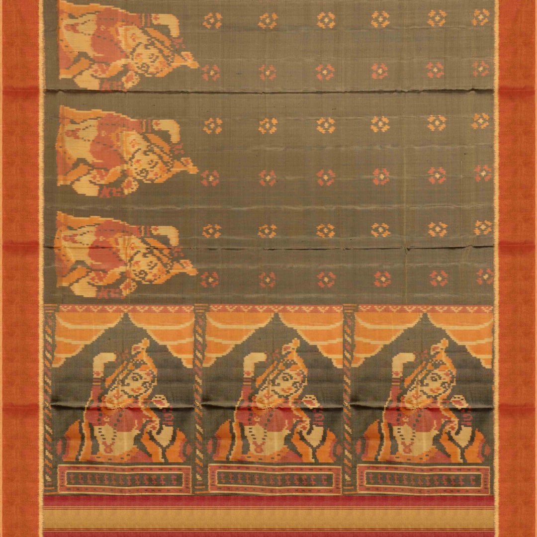 pallu of Handwoven moss grey and orange Ikkat silk Saree