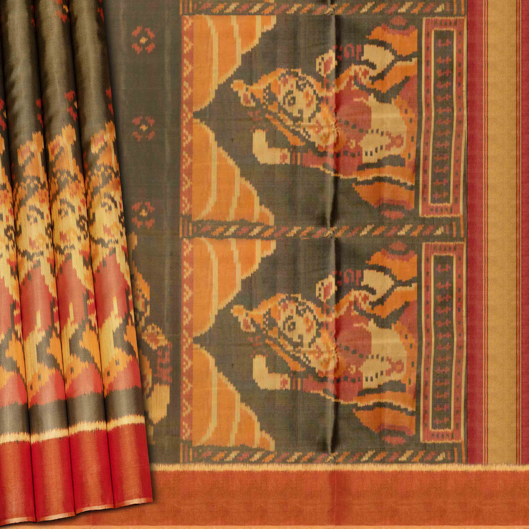 Pleats and pallu of Handwoven moss grey and orange Ikkat silk Saree