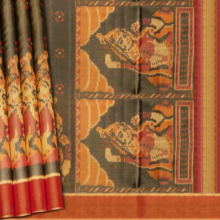 Pleats and pallu of Handwoven moss grey and orange Ikkat silk Saree