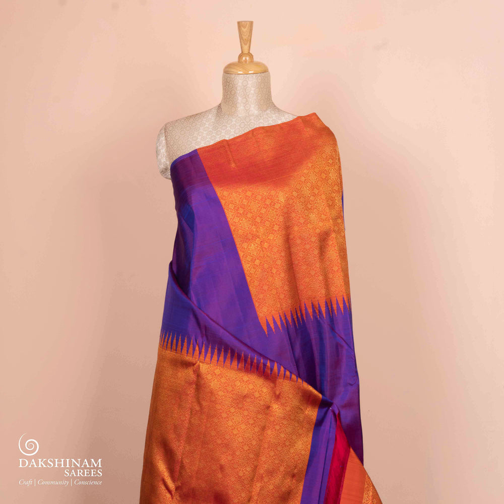 Pleats/body of Handwoven purple kanjivaram silk Saree