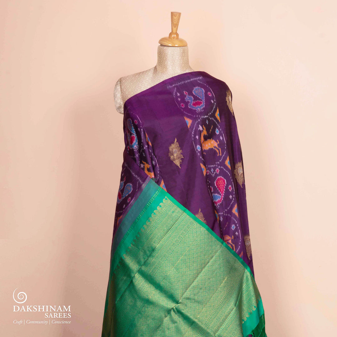Pleats/body of Handwoven pallu ikkat kanjivaram silk Saree