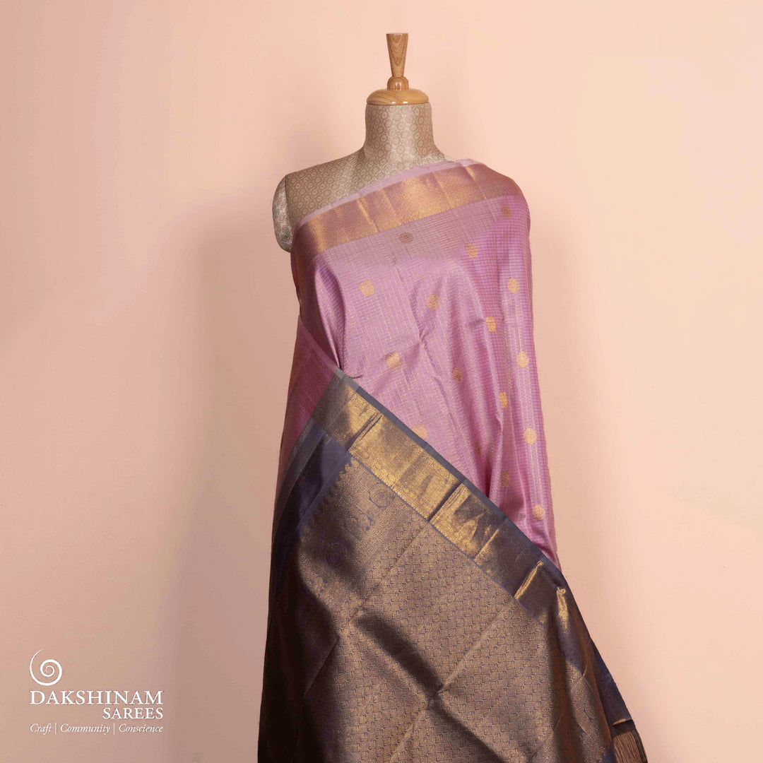 Pleats/body of Handwoven pastel pink and grey kanjivaram silk Saree