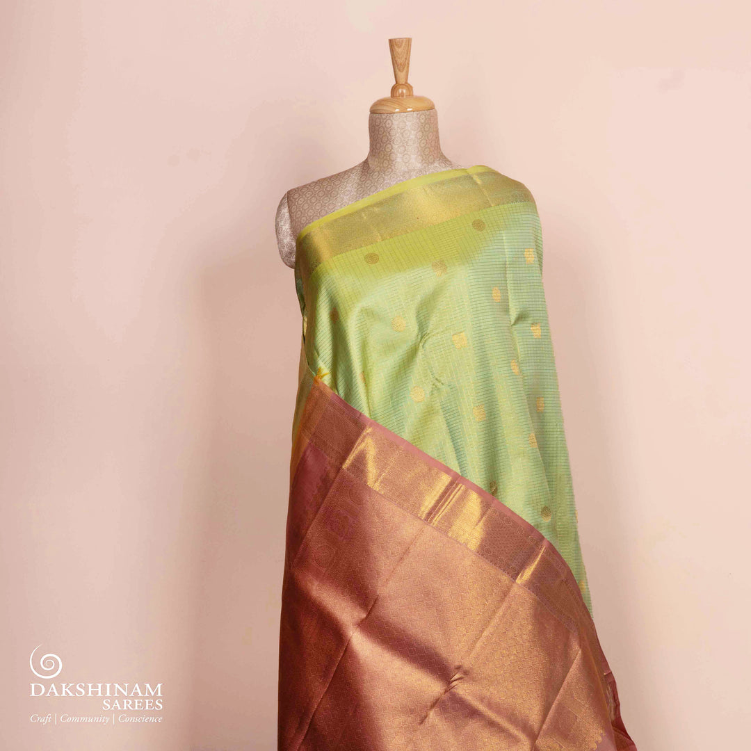 Pleats/body of Handwoven light green and dusty pink kanjivaram silk Saree