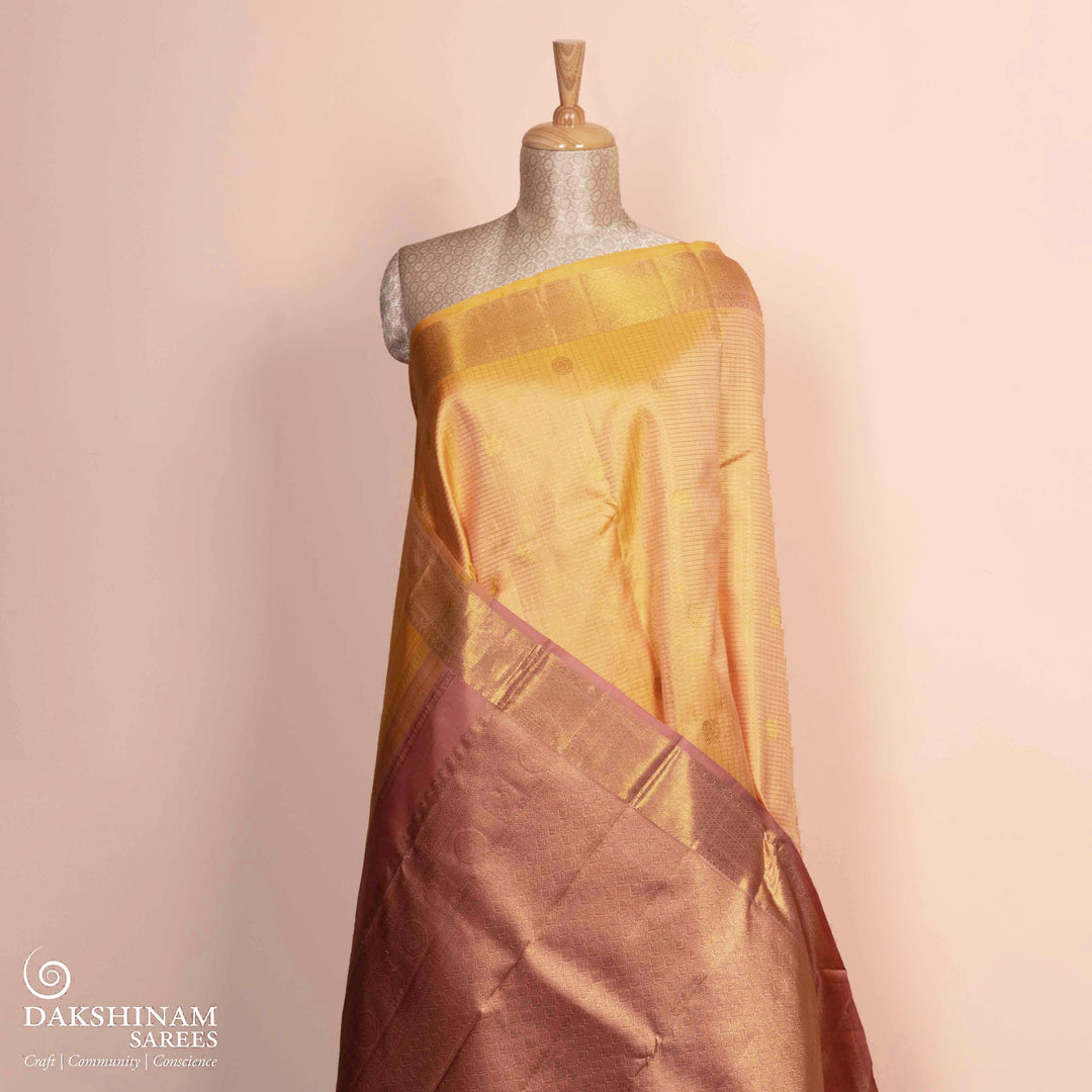 Pleats/body of Handwoven peach yellow Kanjivaram silk Saree