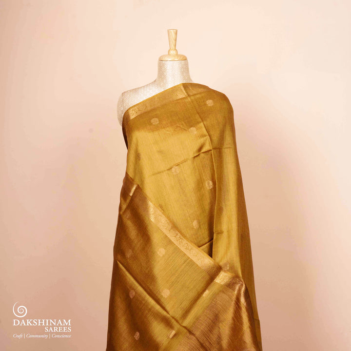 Pleats/body of Handwoven Mustard kora Tussar silk Saree