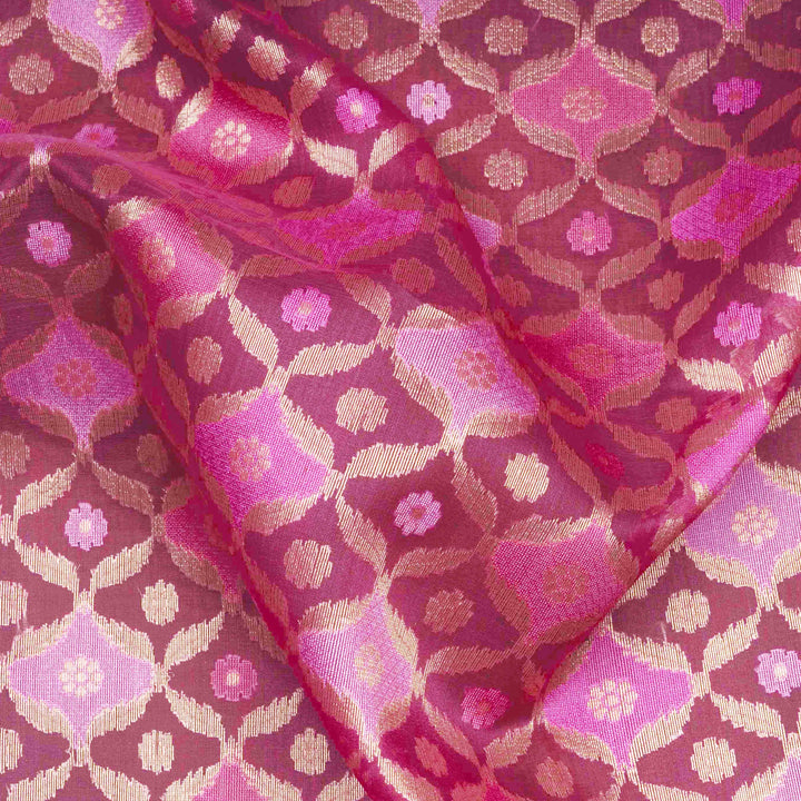 Closeup of Handwoven light pink  kora silk Saree