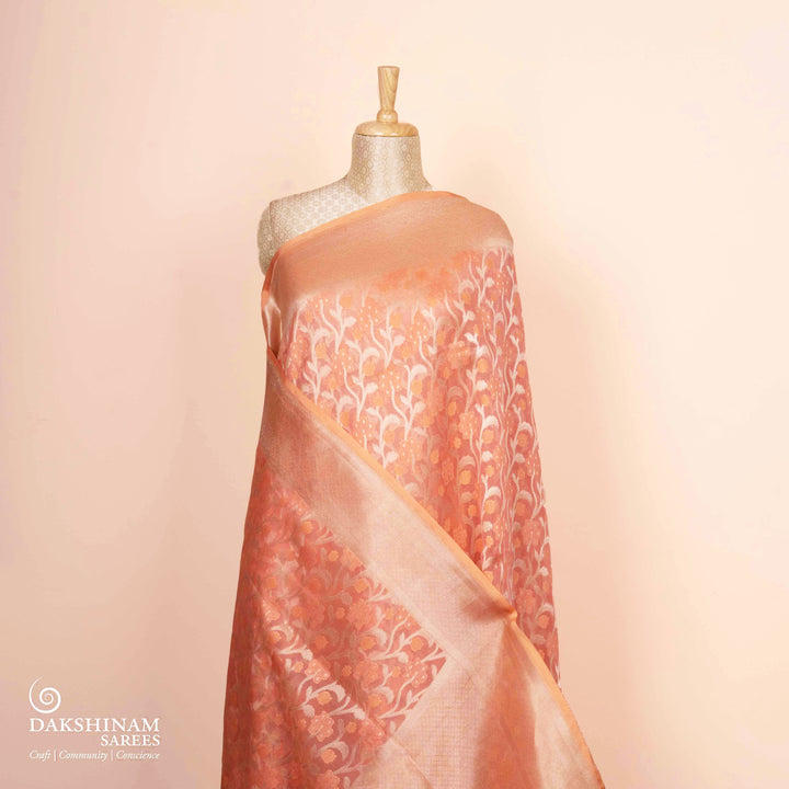 Pleats/body of Handwoven peach kora silk Saree