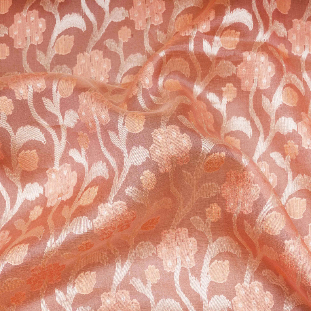 Closeup of Handwoven peach kora silk Saree