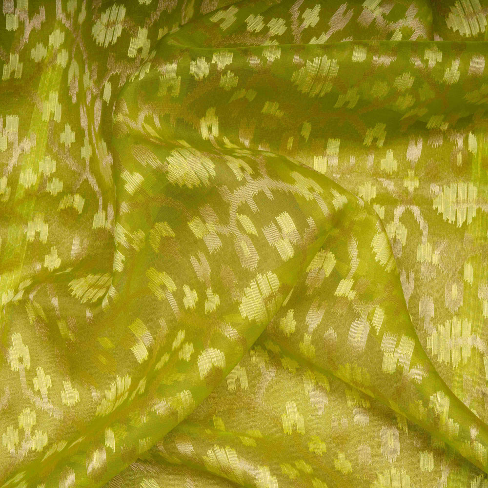 Closeup of Handwoven lime green kora silk Saree