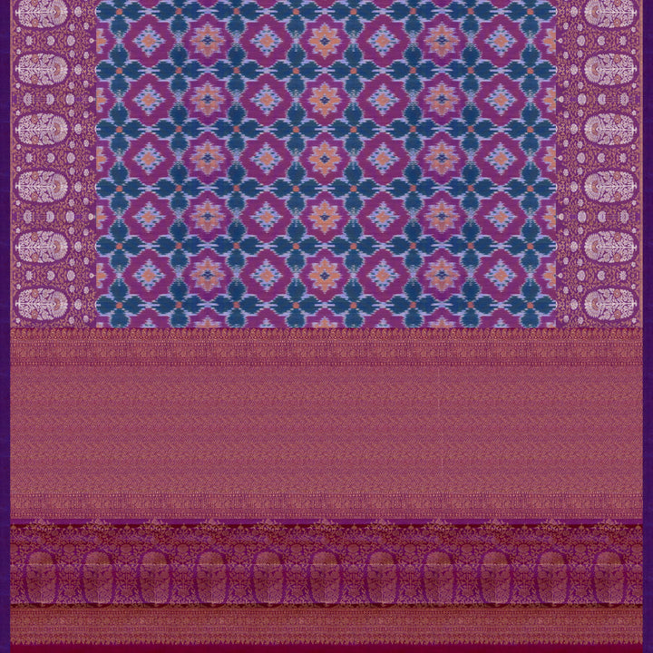 Pallu of Handwoven Ikat Kanjivaram silk saree in purple color