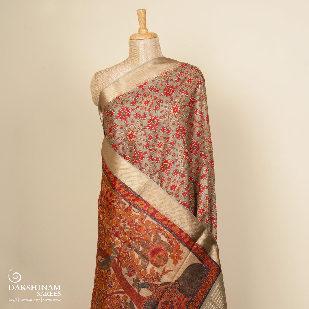 Pleats/body of Handwoven sage green Tussar silk Saree