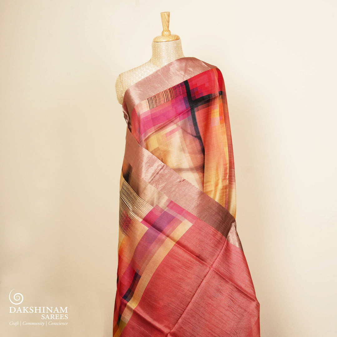 Pleats/body of Handwoven multicolour Tussar silk Saree