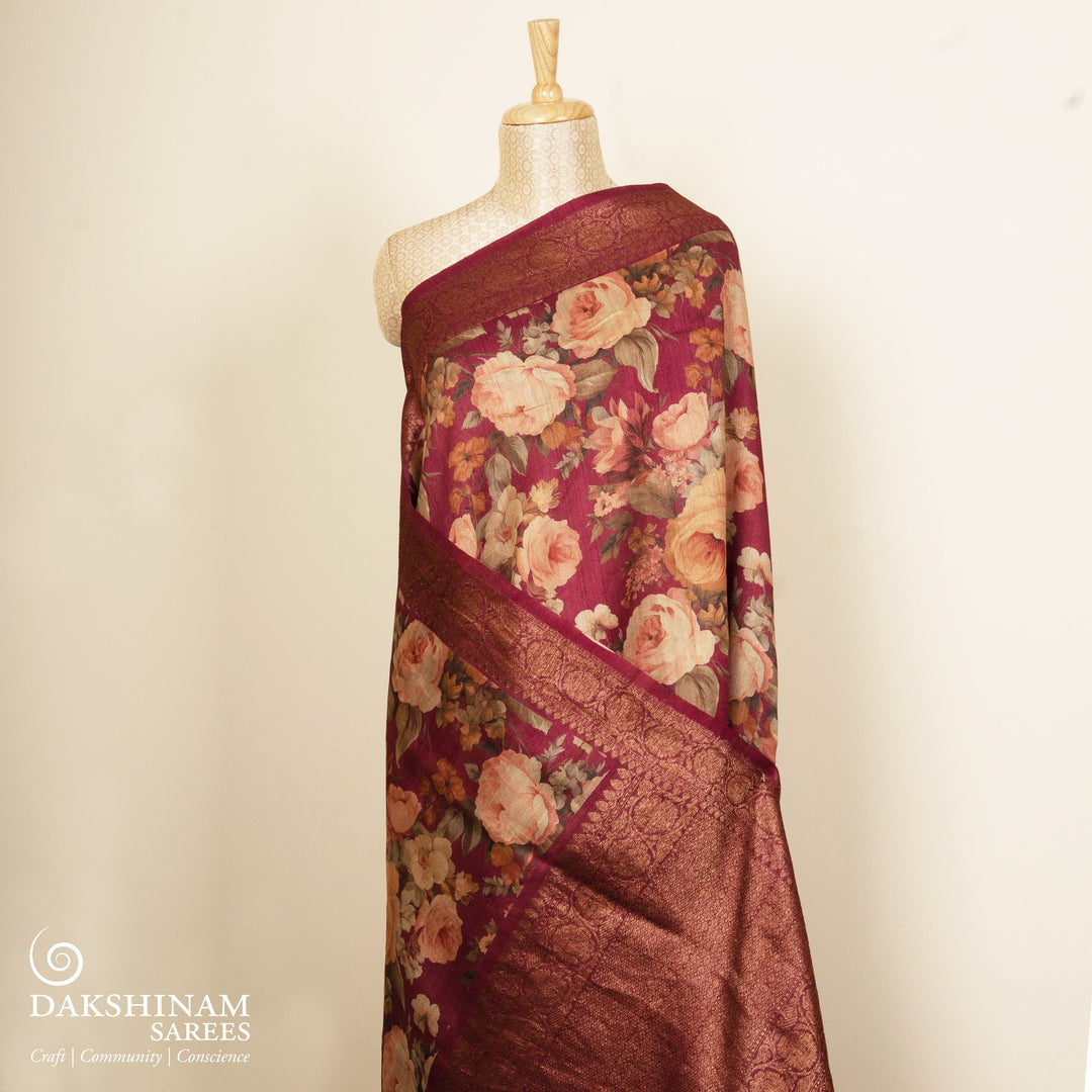Pleats/body of Handwoven Wine Tussar silk Saree