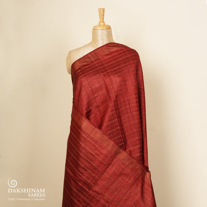 Pleats/body of Handwoven rust red  tussar  silk Saree