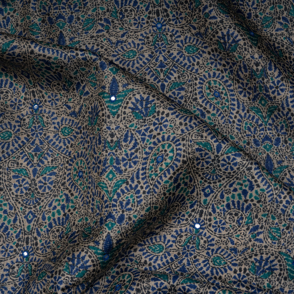 Closeup of Handwoven offwhite with blue tussar  silk Saree