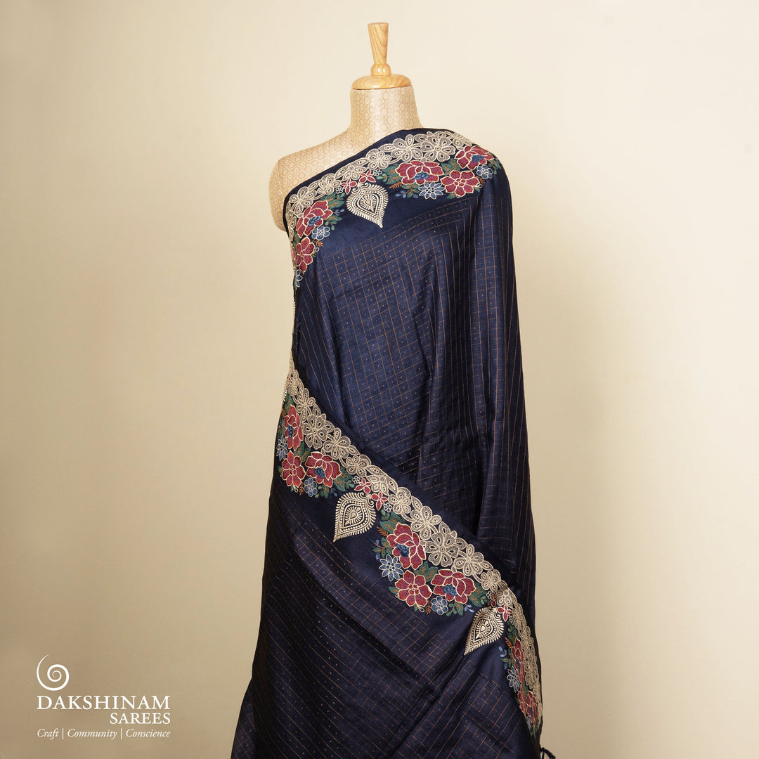 Pleats/body of  Handwoven embroided  tussar  silk Saree