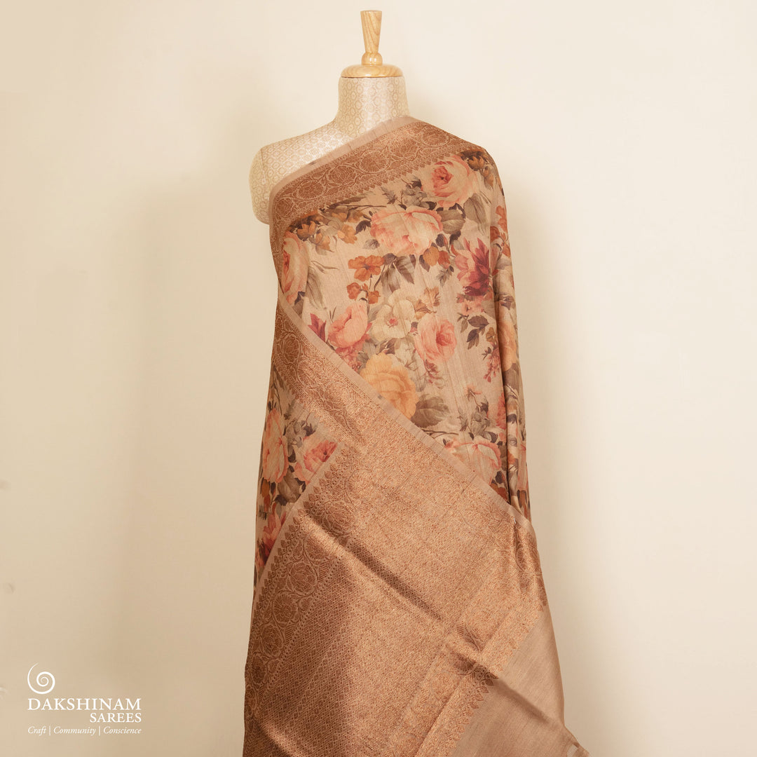 Pleats/body of Handwoven peach  tussar  silk Saree 