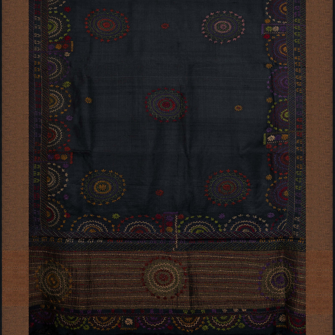 Pallu of Handwoven deep midnight blue  tussar  silk Saree