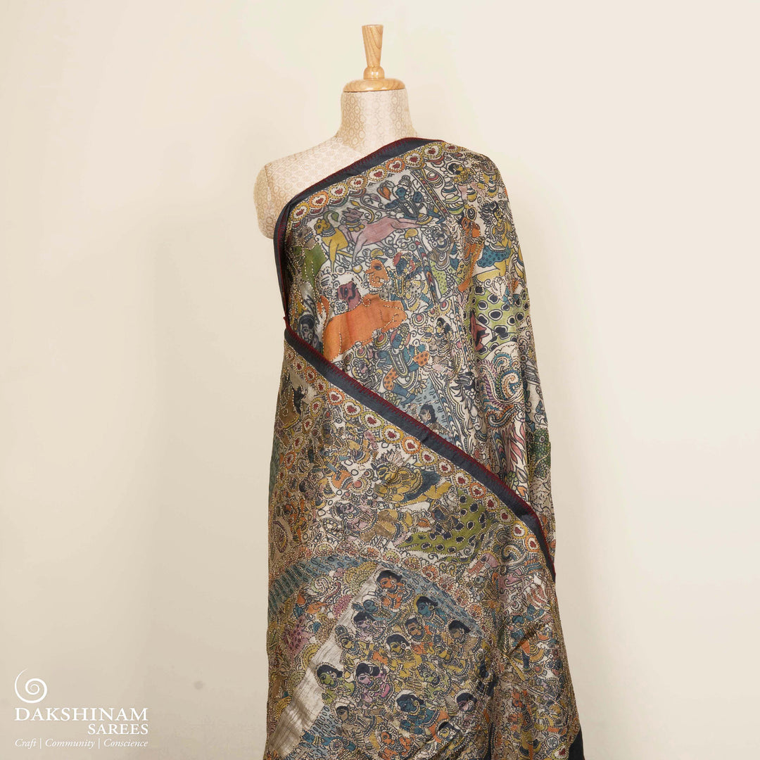 Pleats/body of Handwoven Multicolour Tussar silk Saree