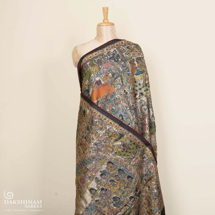 Pleats/body of Handwoven Multicolour Tussar silk Saree