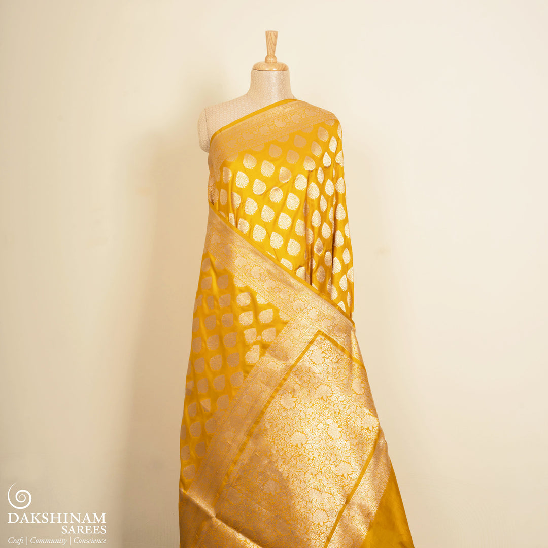 Pleats/body of Handwoven Yellow Banarasi Kattan silk Saree