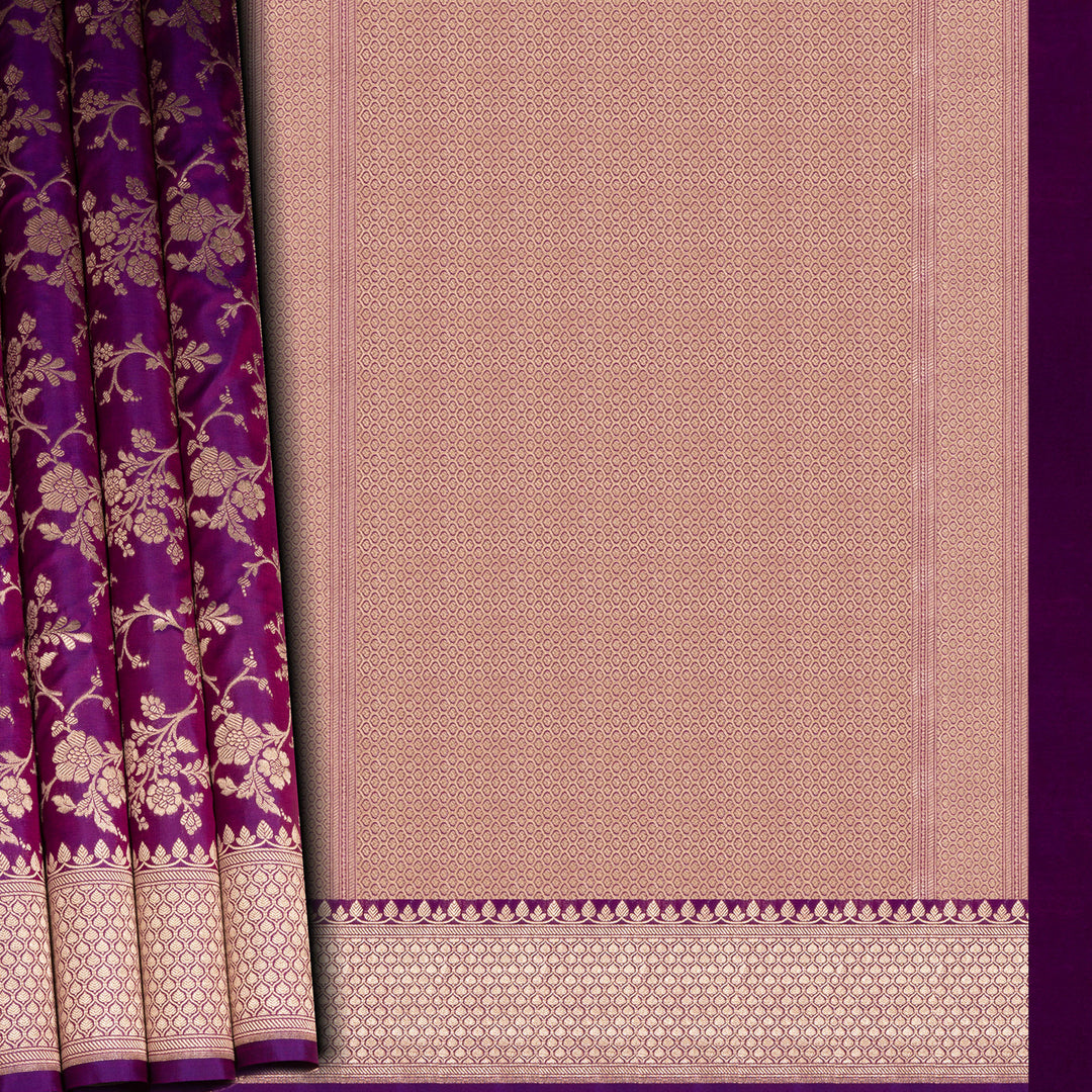 Saree with purple and beige patterns on a plain background