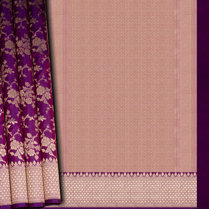 Saree with purple and beige patterns on a plain background