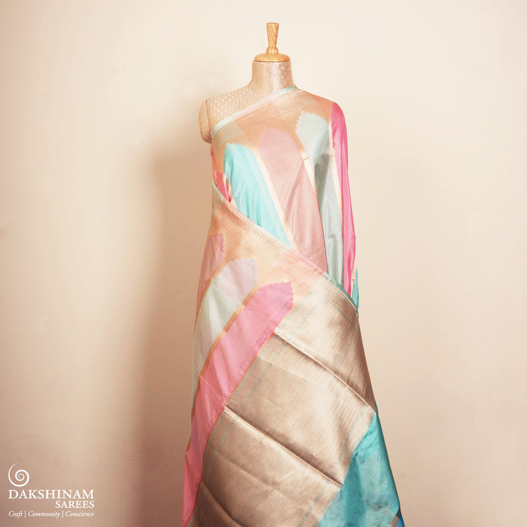 Pleats/body of Handwoven Multicolor Banarasi Kora silk Saree