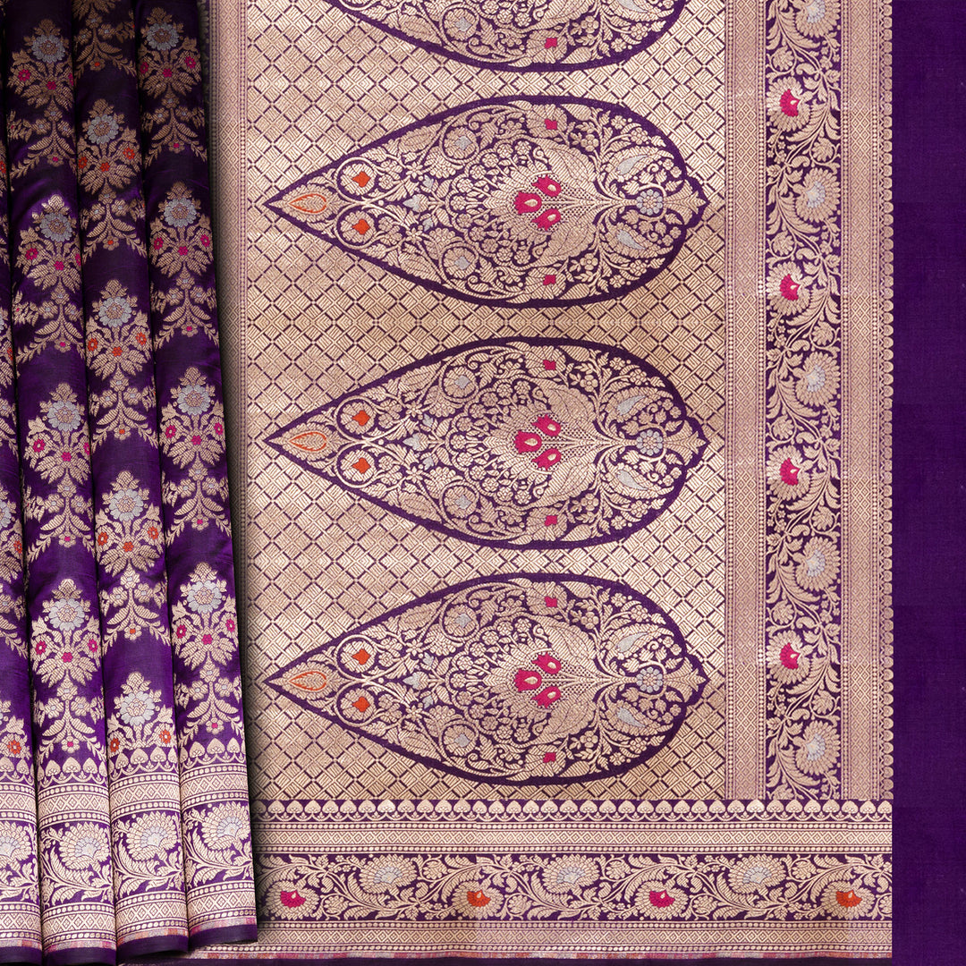 Decorative fabric with intricate patterns on a purple background