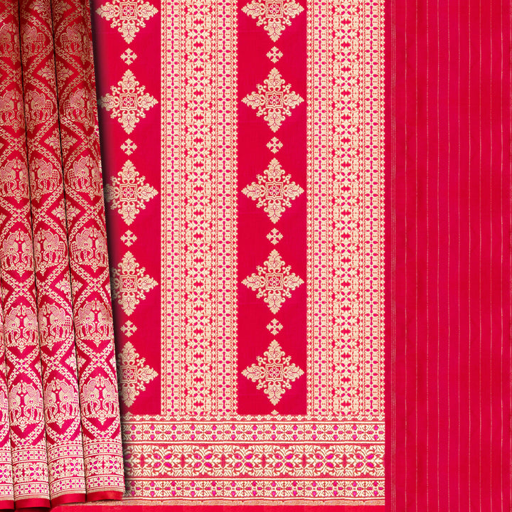 Red fabric with intricate white patterns