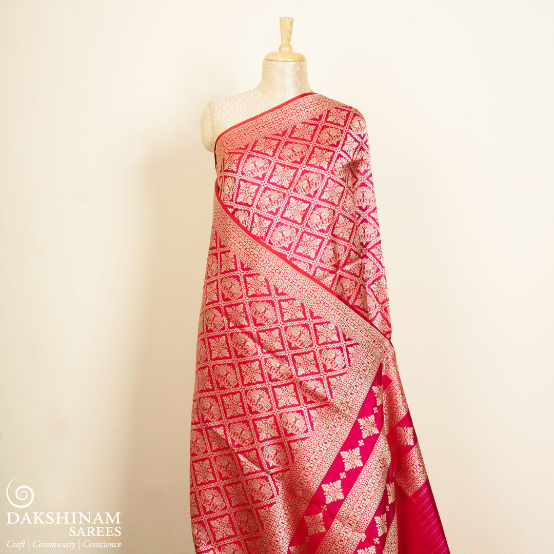 Pleats/body of Handwoven Red Banarasi Kattan Silk Saree