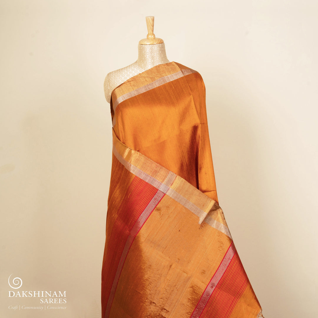 Pleats/body of Handwoven Orange Dupion soft silk Saree