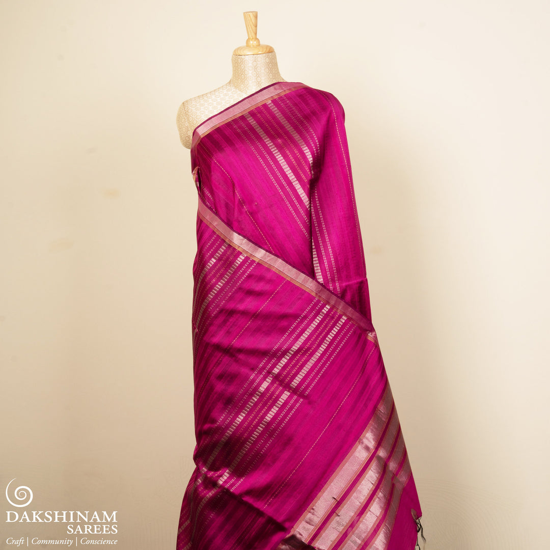 Pleats/body of Handwoven Pink Dupion soft silk Saree