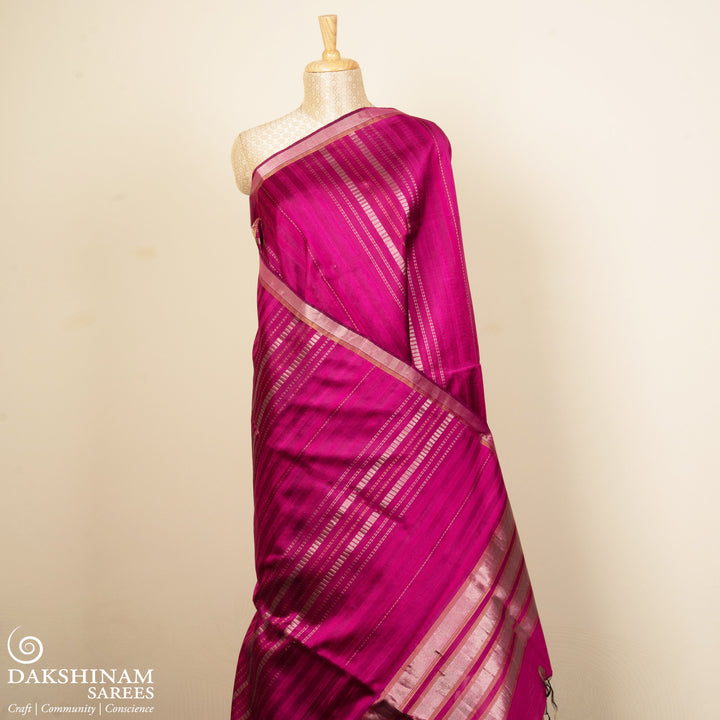 Pleats/body of Handwoven Pink Dupion soft silk Saree