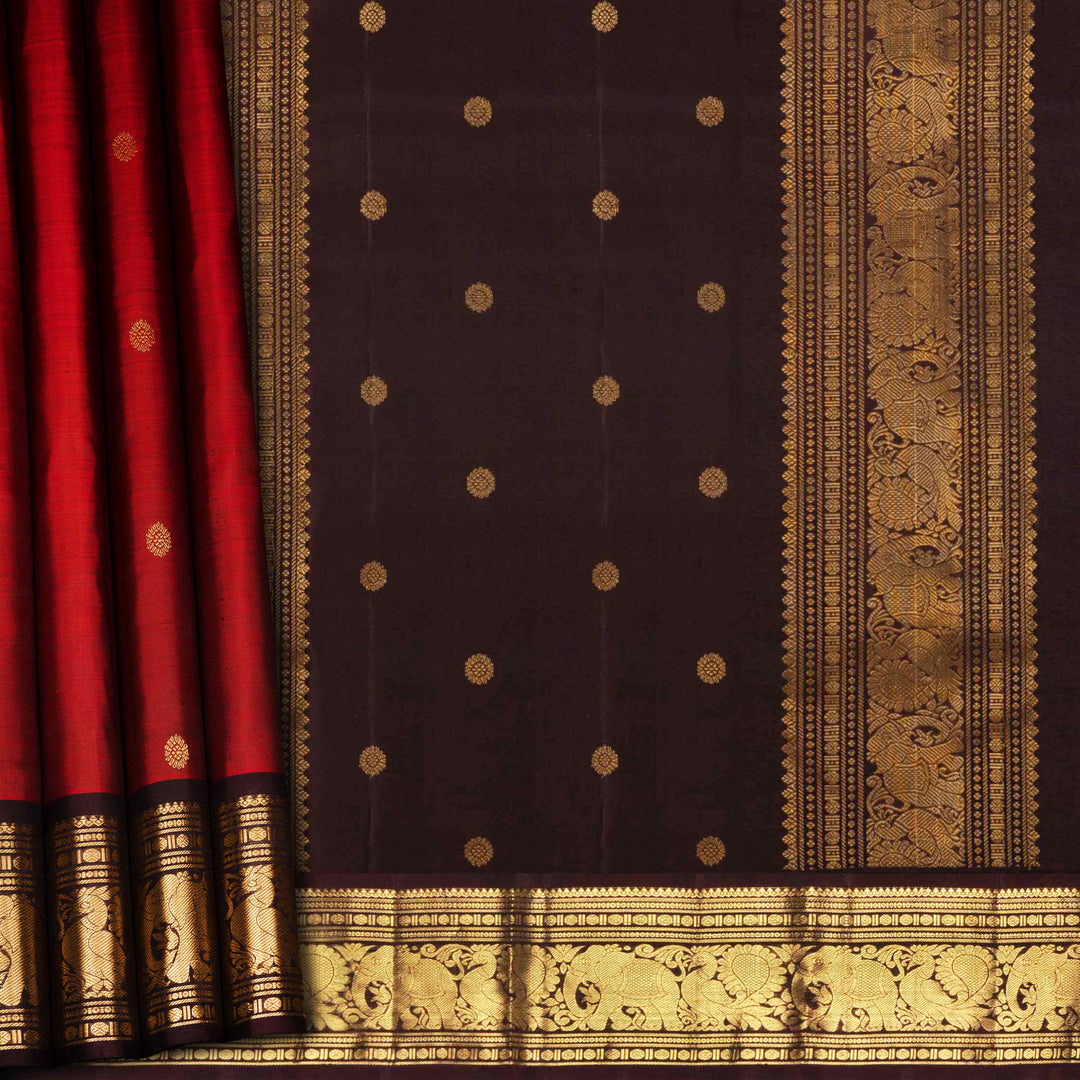 Traditional saree with red and black patterned fabric