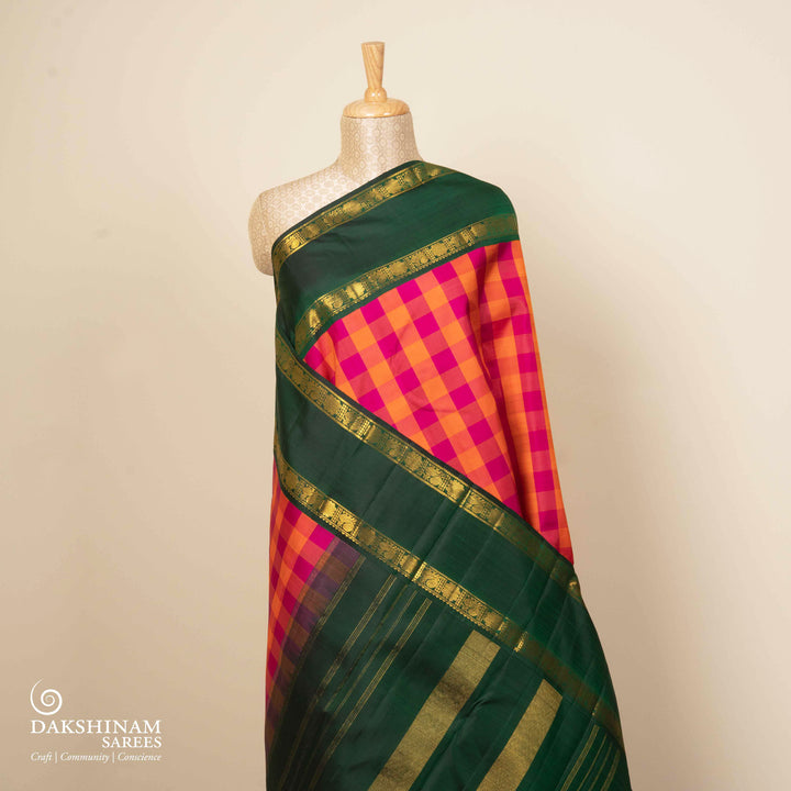 Pleats/body of Handwoven Multicolor with Green Kanjivaram silk Saree