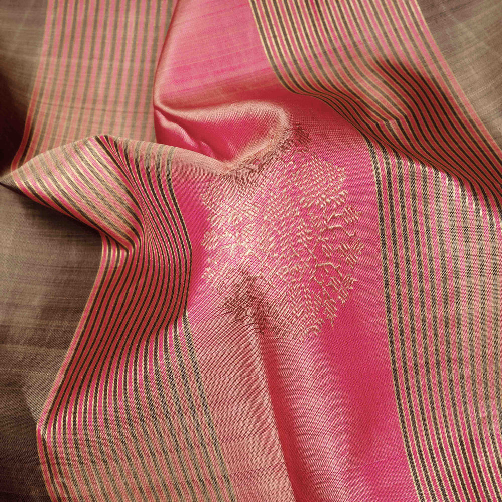 closeup of Handwoven Pink with Purple Kanjivaram silk Saree