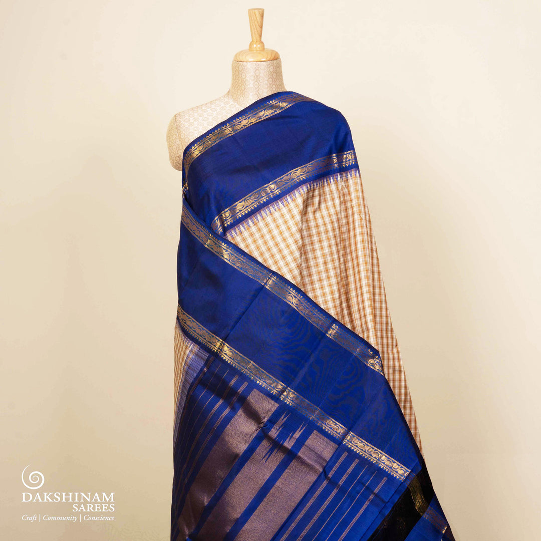 Pleats/body of Handwoven Beige with Blue Kanjivaram silk Saree