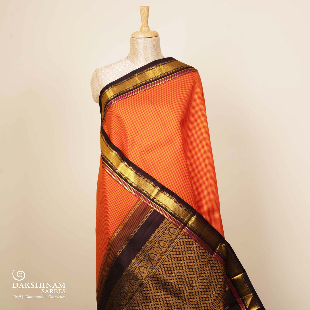 Pleats/body Handwoven Orange with Brown Kanjivaram silk Saree