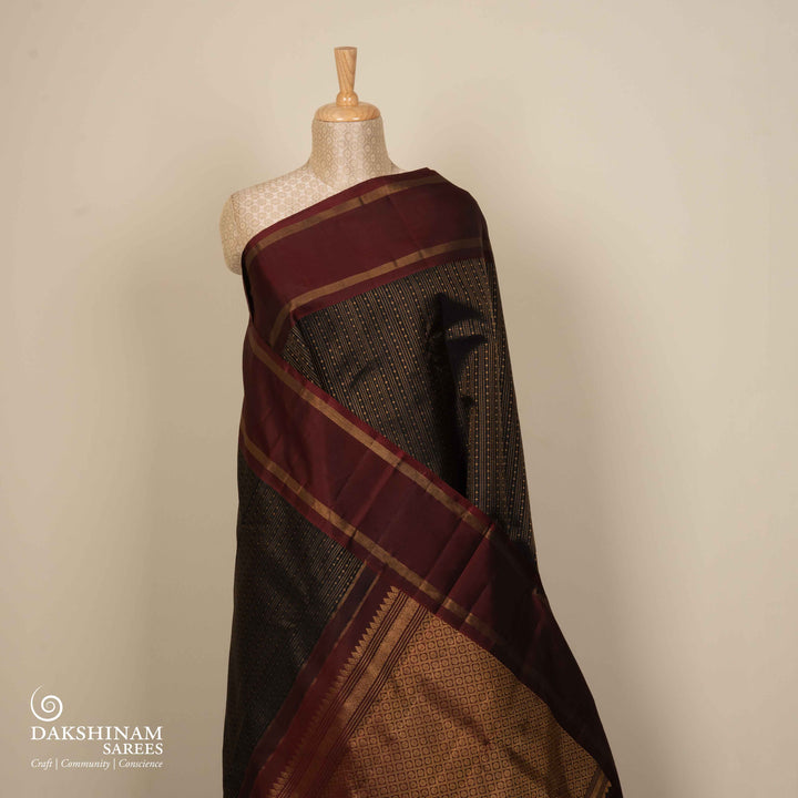 Pleats/body of Handwoven Black with maroon Kanjivaram silk Saree