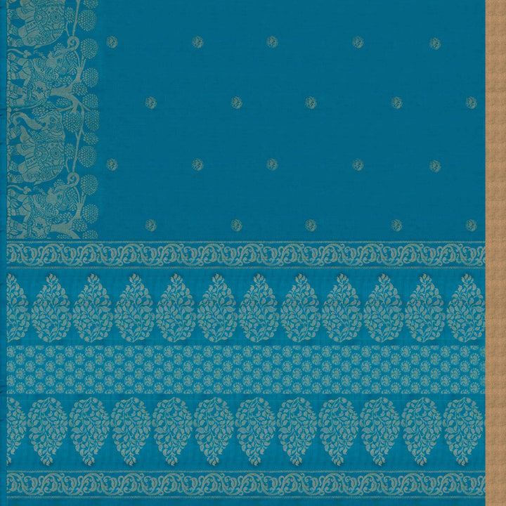 Pallu of Handwoven Peacock Blue color Soft silk Saree