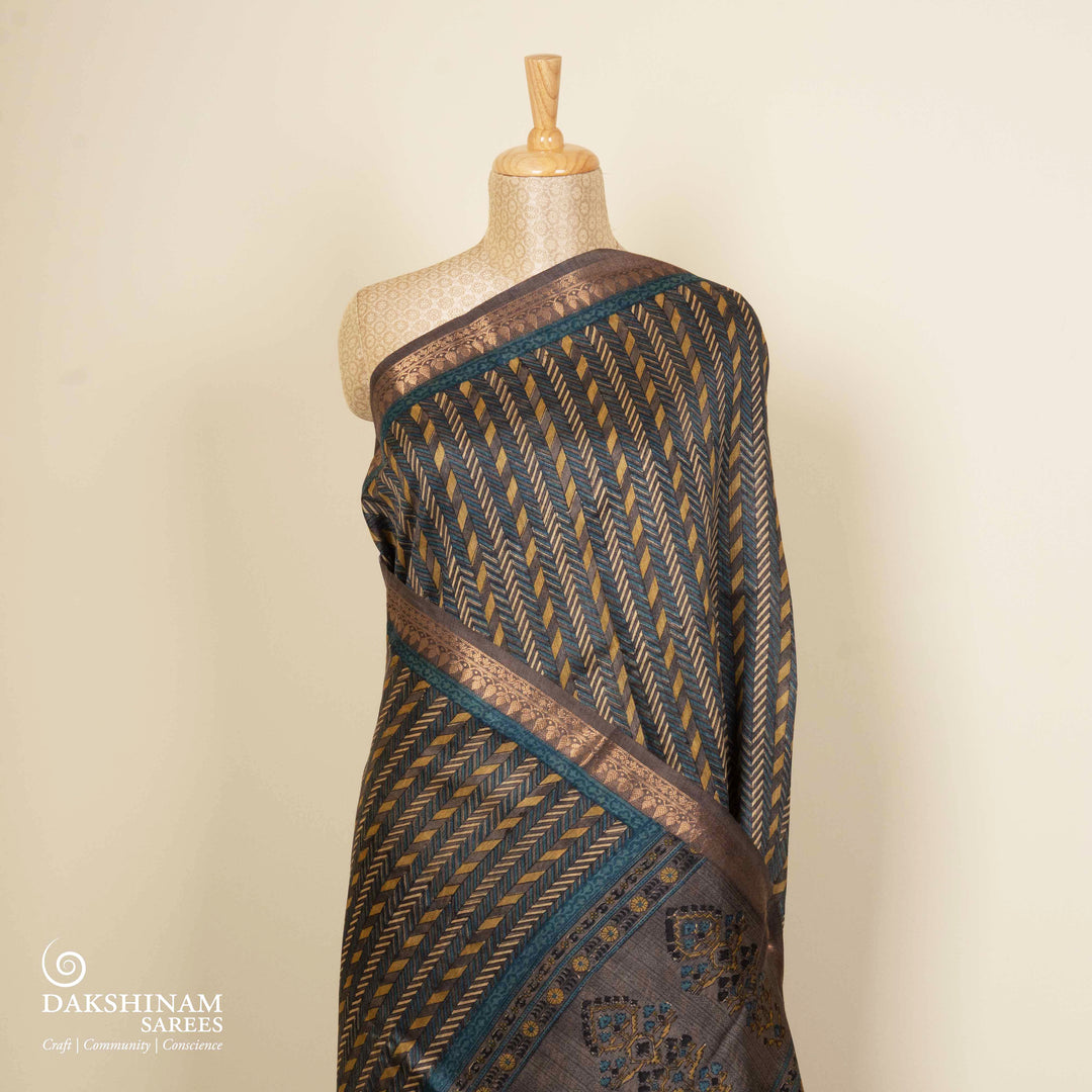 Pallu of Handwoven Grey Moonga Tussar Silk Saree