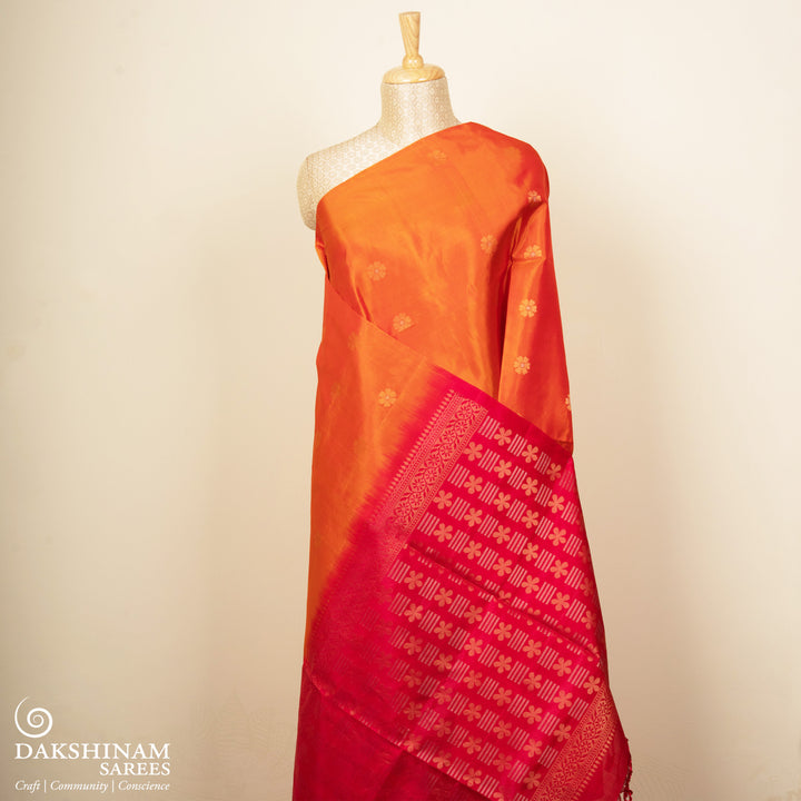 Pleats/body of Handwoven Orange with Pink color Soft silk Saree