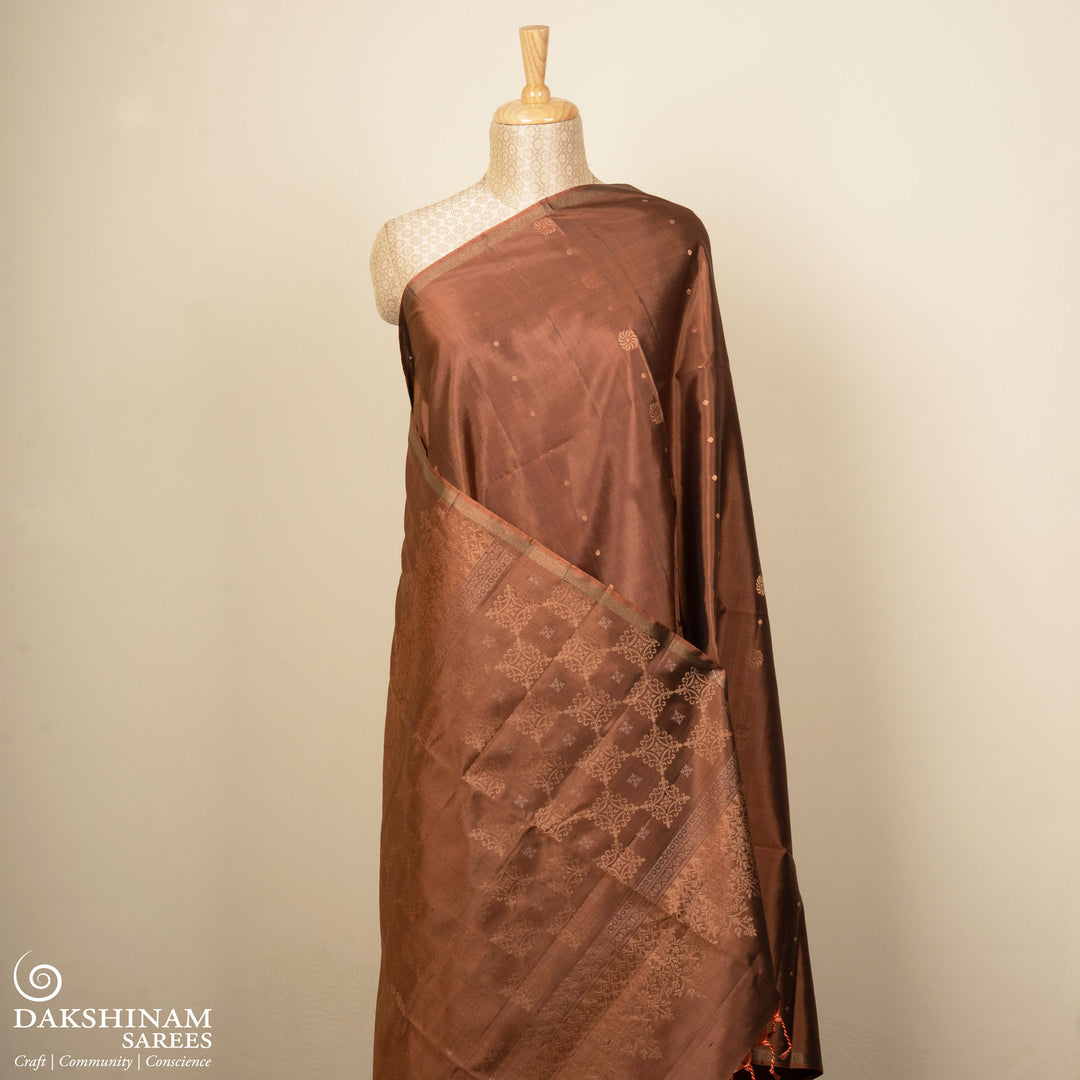 Pleats/body of Handwoven Brown color Soft silk Saree