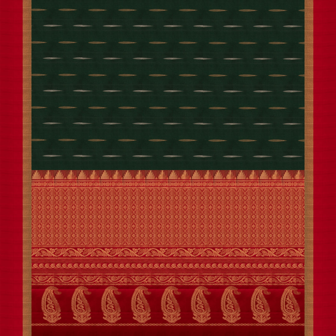 Pallu of Handwoven Bottle Green with Red color Soft silk Saree