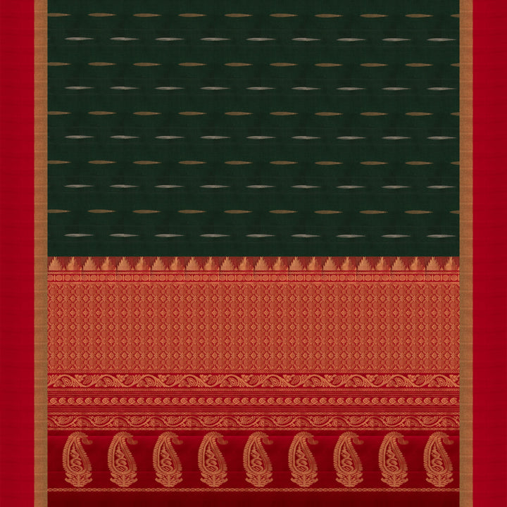 Pallu of Handwoven Bottle Green with Red color Soft silk Saree