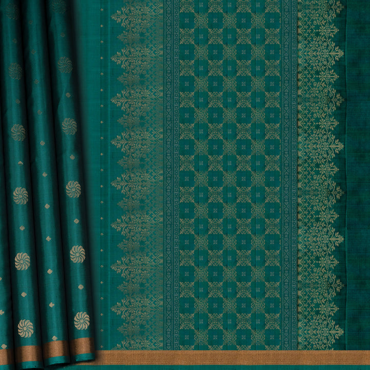 Teal fabric with geometric patterns and a gold border