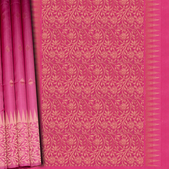 Pink saree with gold floral pattern