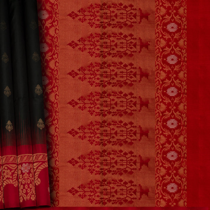 Traditional saree with red and black patterned fabric