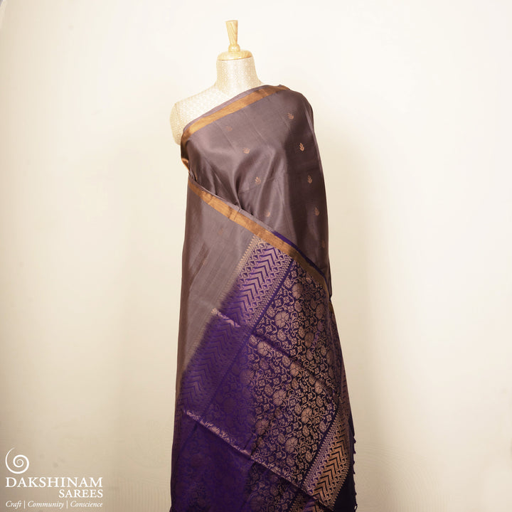 Handwoven Grey with Purple color Soft silk Saree- 3273T015685DSC